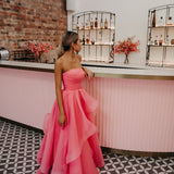 Hot Pink Organza ruffled dress with lace up back