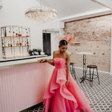 Hot Pink Organza ruffled dress with lace up back