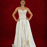 two-piece gown with beaded corset, satin skirt, and sweetheart neckline