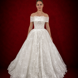 romantic white ballgown wedding dress adorned with floral lace, pearls, sparkle, and timeless elegance