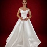 satin A-line wedding dress featuring a sculpted bodice, pearl waist detail, and timeless sophistication for hire