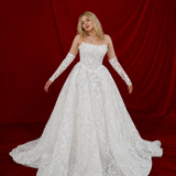 romantic white ballgown adorned with floral lace and enchanting 3D floral details for hire