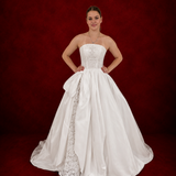 satin wedding gown with sparkling lace, elegant draping, and enchanting peekaboo details for hire