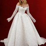 Ball gown with full-on lace and off-shoulder long sleeves