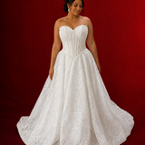 All over floral lace sweetheart neckline structure corset wedding dress with lace-up back.