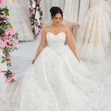 All over floral lace sweetheart neckline structure corset wedding dress with lace-up back.