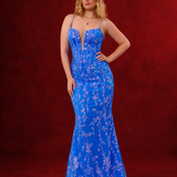 Blue sequin lace V-neckline mermaid dress with boning