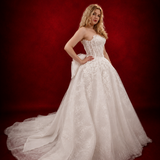 ballgown wedding dress with floral lace and dramatic detachable bow for hire