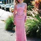 Baby Pink Basque waist beaded V-neck corset back mermaid dress