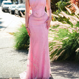 Baby Pink Basque waist beaded V-neck corset back mermaid dress