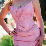 Baby Pink Basque waist beaded V-neck corset back mermaid dress