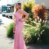 Baby Pink Basque waist beaded V-neck corset back mermaid dress
