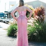 Baby Pink Basque waist beaded V-neck corset back mermaid dress