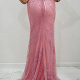 Baby Pink Basque waist beaded V-neck corset back mermaid dress