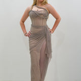 Dark muted gold purple ruching top with lace up back dress with crystal gold strap details