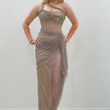 Dark muted gold purple ruching top with lace up back dress with crystal gold strap details