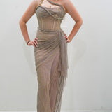Dark muted gold purple ruching top with lace up back dress with crystal gold strap details