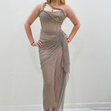 Dark muted gold purple ruching top with lace up back dress with crystal gold strap details