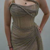 Dark muted gold purple ruching top with lace up back dress with crystal gold strap details