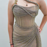 Dark muted gold purple ruching top with lace up back dress with crystal gold strap details