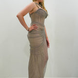 Dark muted gold purple ruching top with lace up back dress with crystal gold strap details
