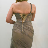 Dark muted gold purple ruching top with lace up back dress with crystal gold strap details