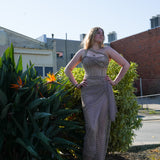 Dark muted gold purple ruching top with lace up back dress with crystal gold strap details