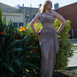 Dark muted gold purple ruching top with lace up back dress with crystal gold strap details
