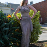Dark muted gold purple ruching top with lace up back dress with crystal gold strap details