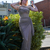 Dark muted gold purple ruching top with lace up back dress with crystal gold strap details