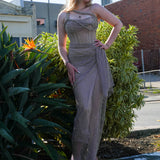 Dark muted gold purple ruching top with lace up back dress with crystal gold strap details