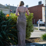 Dark muted gold purple ruching top with lace up back dress with crystal gold strap details