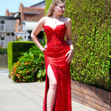 Elara red wavy bustier cup top with basque waist and leg slit