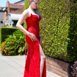 Elara red wavy bustier cup top with basque waist and leg slit