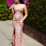 Kalla rose gold beaded bustier cup top with basque waist and leg slit