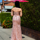 Kalla rose gold beaded bustier cup top with basque waist and leg slit