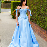 Bustier Cup baby blue liquid taffeta drop waist dress with slit and lace up back