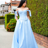Bustier Cup baby blue liquid taffeta drop waist dress with slit and lace up back