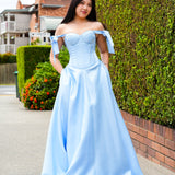 Bustier Cup baby blue liquid taffeta drop waist dress with slit and lace up back