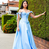 Bustier Cup baby blue liquid taffeta drop waist dress with slit and lace up back