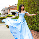 Bustier Cup baby blue liquid taffeta drop waist dress with slit and lace up back