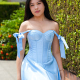 Bustier Cup baby blue liquid taffeta drop waist dress with slit and lace up back