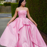 Baby Pink liquid taffeta ruffled dress with  straight neckline