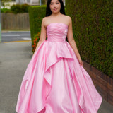 Baby Pink liquid taffeta ruffled dress with  straight neckline