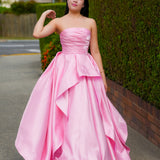 Baby Pink liquid taffeta ruffled dress with  straight neckline