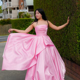 Baby Pink liquid taffeta ruffled dress with  straight neckline