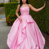 Baby Pink liquid taffeta ruffled dress with  straight neckline