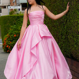 Baby Pink liquid taffeta ruffled dress with  straight neckline