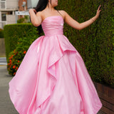 Baby Pink liquid taffeta ruffled dress with  straight neckline