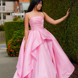 Baby Pink liquid taffeta ruffled dress with  straight neckline